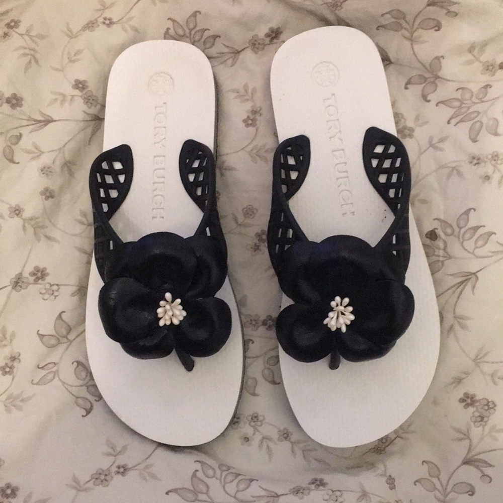 Tory Burch Perfect Black Petal Flip Flops